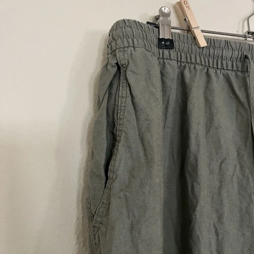 H&M Green Linen Cotton SZ XL Pants Wide Leg Elastic Waist High Rise Beach Resort